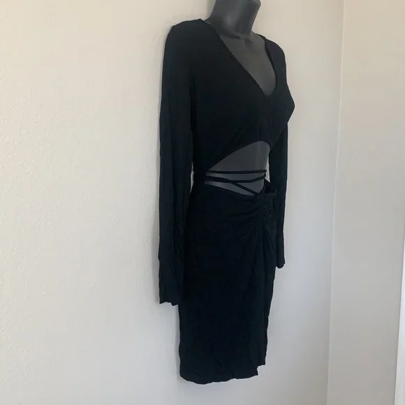 Princess Polly Noa Black Long Sleeve Ribbed Cut Out Criss Cross Tie Mini Dress - Picture 7 of 11